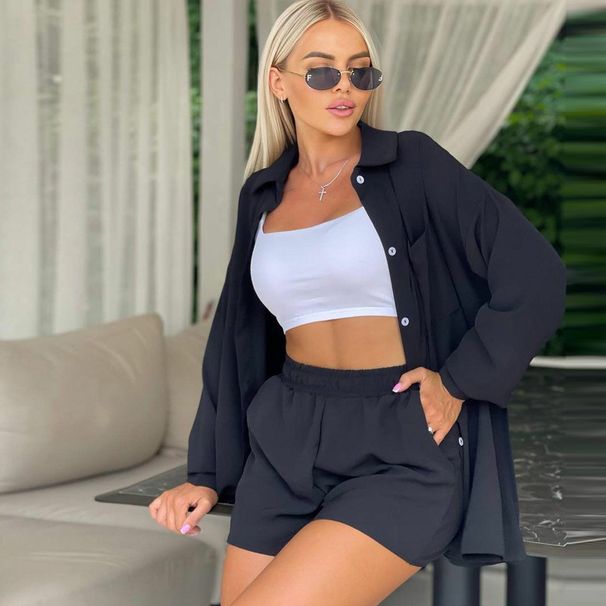 Women's Clothing ladies long-sleeved shorts loose casual women's clothing two-piece suit_mkmklike.com