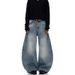 Vintage Washed Baggy Jeans With Cat Whisker & Airplane Button – Unisex Relaxed Fit Distressed Denim Pants_mkmklike.com
