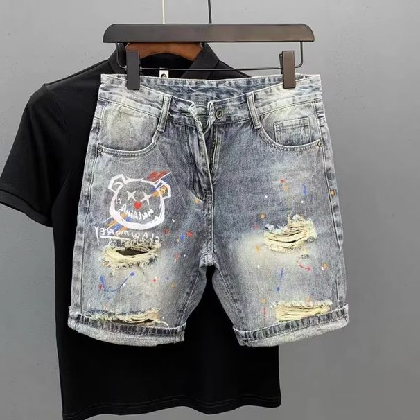 Men's Clothing Summer Thin Fashion Ripped Patch Denim Shorts Men's Trendy Brand All Match Cat Whisker Distressed Beggar Five Point Pants_mkmklike.com