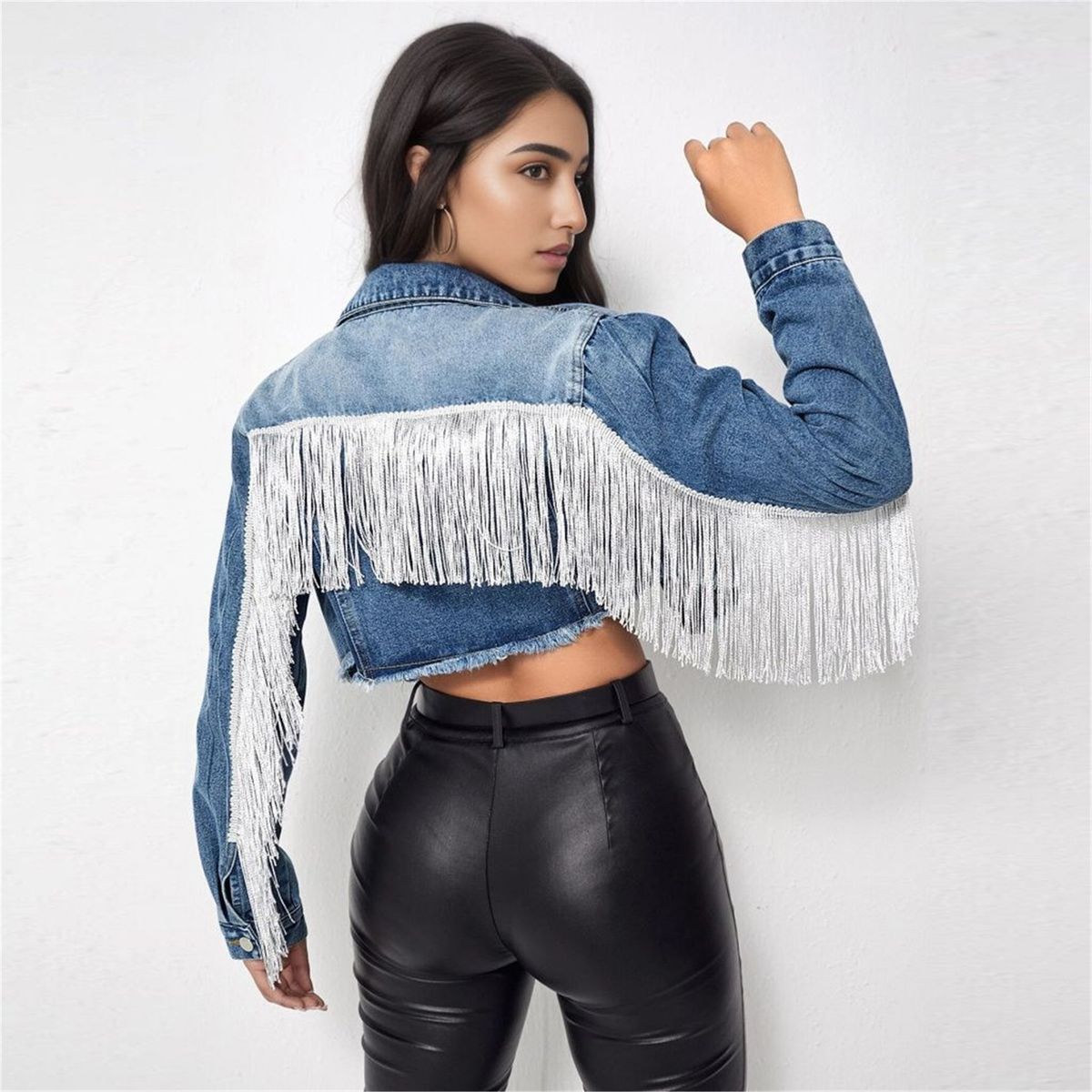 Women's Fashion Fringe Denim Jacket - Stylish Oversized Short Coat With Long Sleeves, Casual Streetwear For Spring_mkmklike.com