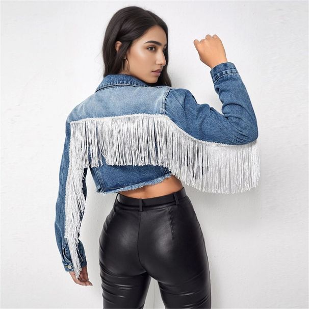 Women's Fashion Fringe Denim Jacket - Stylish Oversized Short Coat With Long Sleeves, Casual Streetwear For Spring_mkmklike.com