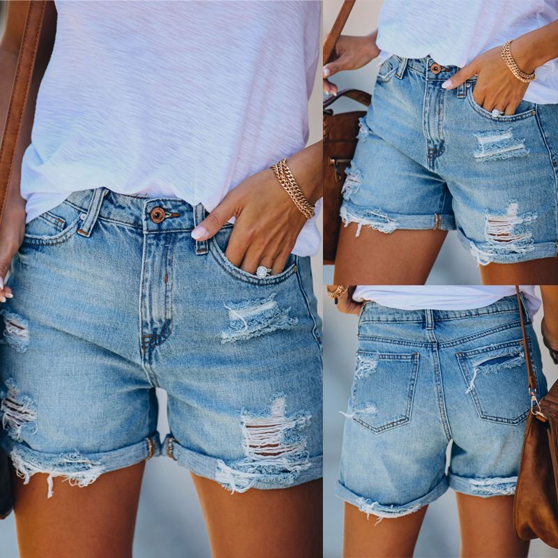 Women's Clothing Denim Shorts Straight Leg Washed Out Jeans Hole Versatile Casual Commute Style Denim Jeans_mkmklike.com