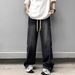 Retro Light Blue Men's Jeans High Street Hip Hop Stacked Design Straight Leg Loose Fit_mkmklike.com