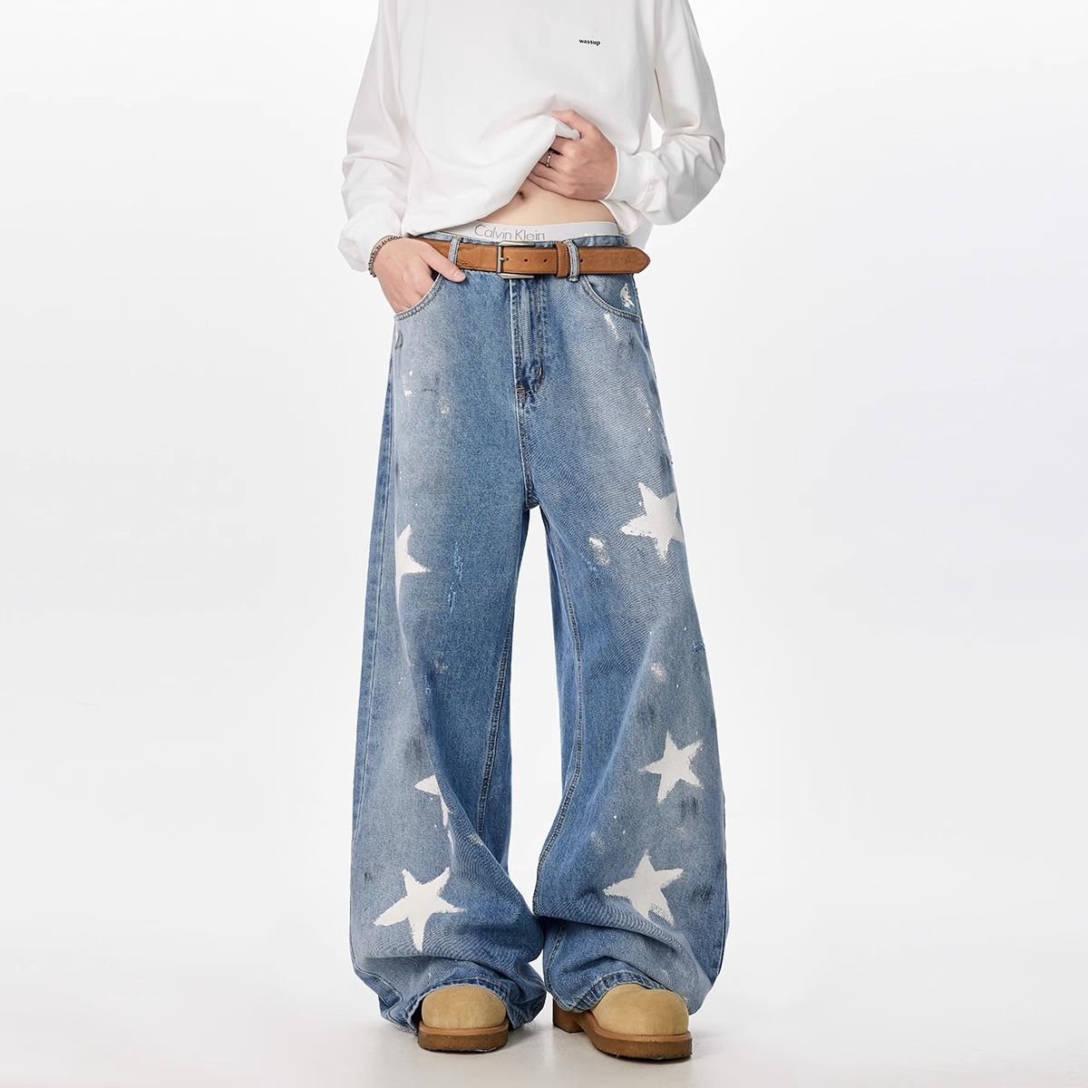 Men's Clothing Distressed Paint Graffiti Five Pointed Star Jeans Distressed Graffiti Star Denim Jeans - Summer Loose Straight Leg Casual Wide Pants_mkmklike.com