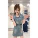 ELLE Summer New Style Petite Chic Retro Short Sleeve Slimming Elegant Denim Bodycon Mini Dress_mkmklike.com