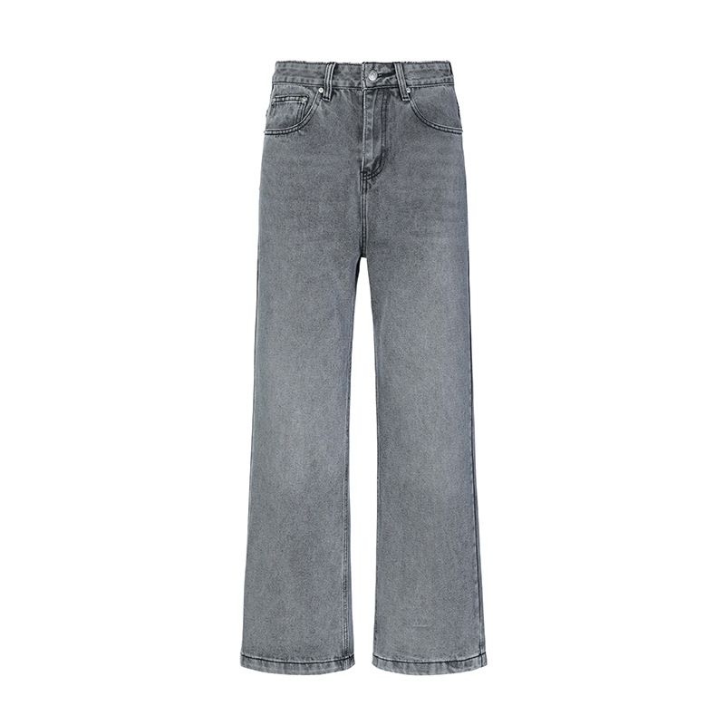 Men's Casual Wide Leg Trousers American Style Monkey Design Flared Jeans Black/Gray Versatile Washed Denim Midweight Cotton_mkmklike.com