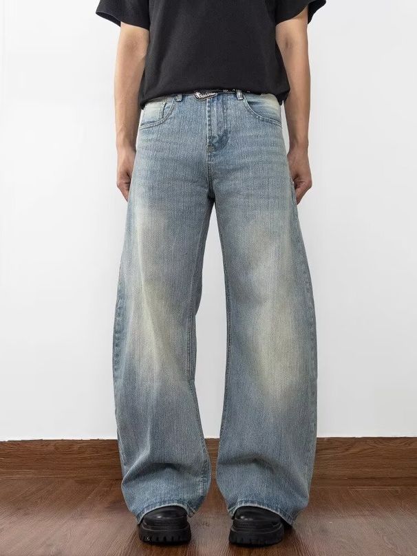 Men's Clothing Retro Washed Old Cleanfit Jeans Men's Loose Straight Wide Leg Loose Drape Mopping Pants_mkmklike.com