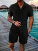 Men's Striped Lapel Shirt Shorts Trendy Casual Sports Suit_mkmklike.com