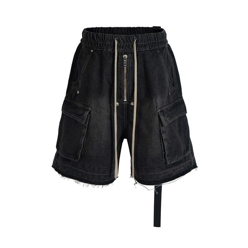 Men's Distressed Cargo Denim Shorts With Drawstring Waist & Multi-Pockets – High Street Style Loose Fit Mid-Length Casual Shorts_mkmklike.com