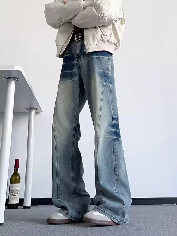 Retro Washed Distressed Patchwork Jeans For Men Loose Straight Wide Leg Trendy Floor Length High Street Style_mkmklike.com