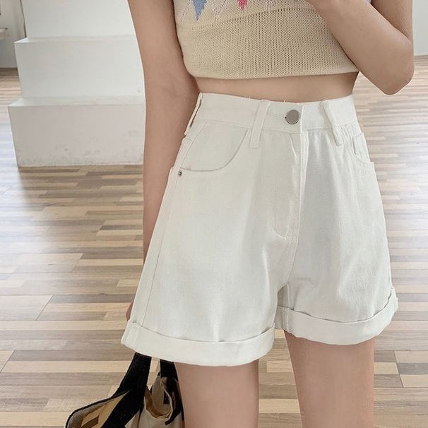 Women's High-Waisted Wide-Leg Denim Shorts Korean Style Summer 2021 Slimming Loose Fit Rolled up Hem Trendy Hot Pants_mkmklike.com