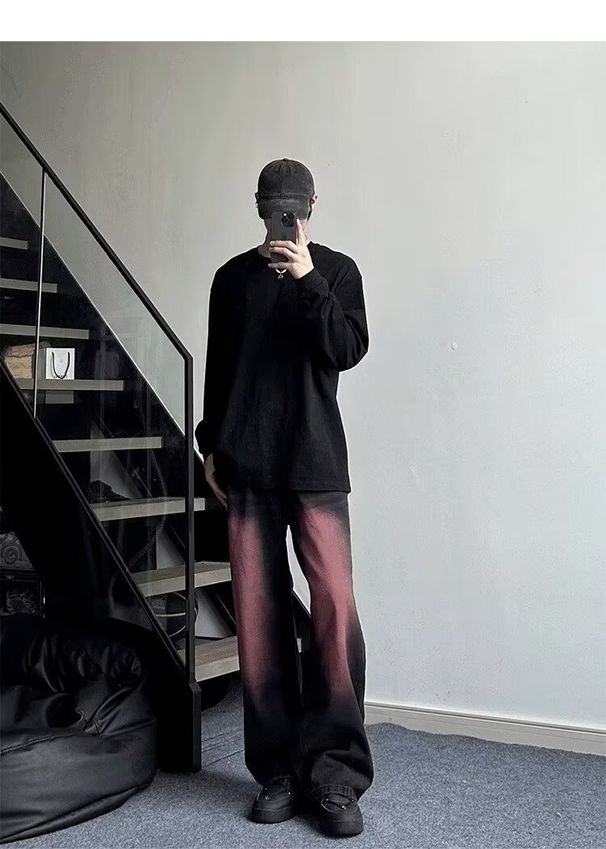 BOY Black Pink Gradient Jeans Men's Loose Fit Cool High Street American Hip Hop Comfortable Versatile Flared Pants_mkmklike.com