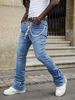 "Men's Stretch Denim Straight Leg Jeans – Trendy Patchwork Stacked Hem For Urban Streetwear"_mkmklike.com