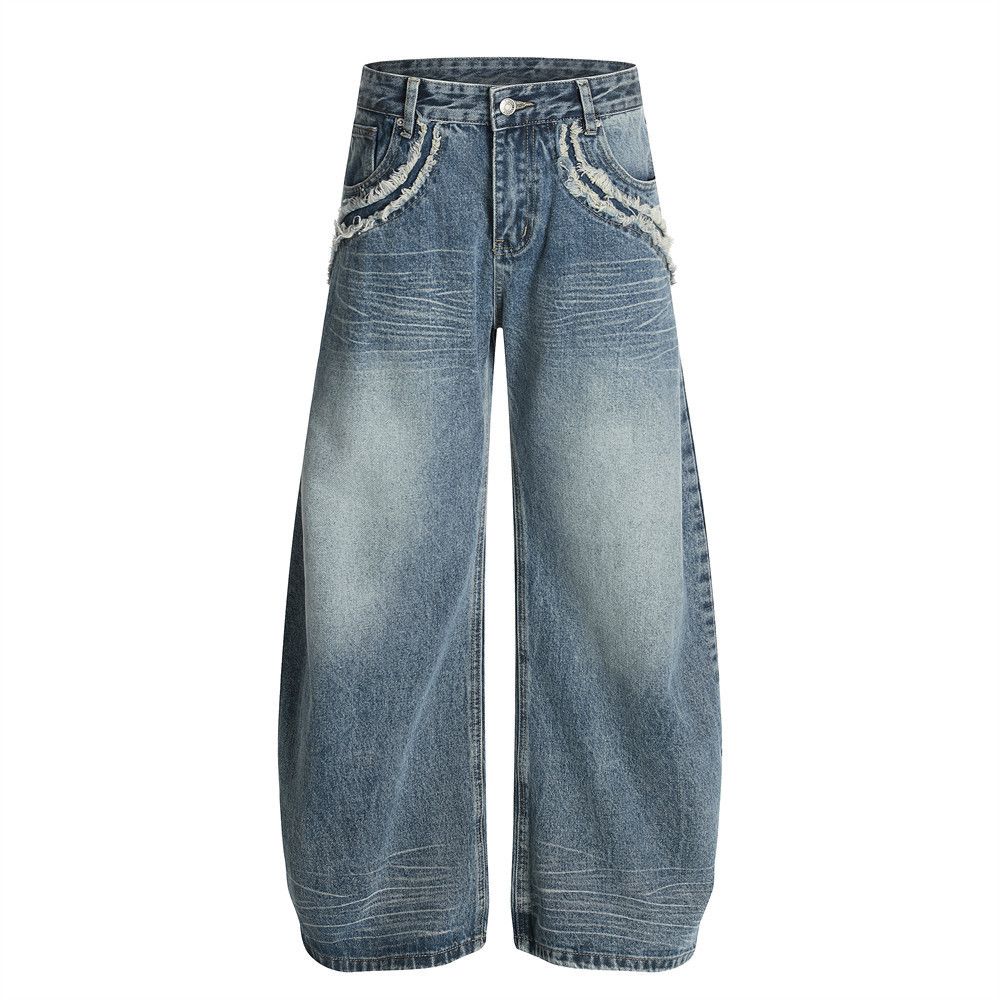 Washed Vintage Scimitar Jeans For Men, Trendy Punk Style, Frayed Edge Patchwork Design, Oversized Banana Wide-Leg Pants_mkmklike.com