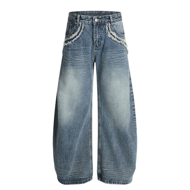 Washed Vintage Scimitar Jeans For Men, Trendy Punk Style, Frayed Edge Patchwork Design, Oversized Banana Wide-Leg Pants_mkmklike.com