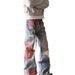 European, American High Street Spring And Autumn Sunset Lace Print Jeans Men's American Street Loose Splicing Floor Pants_mkmklike.com