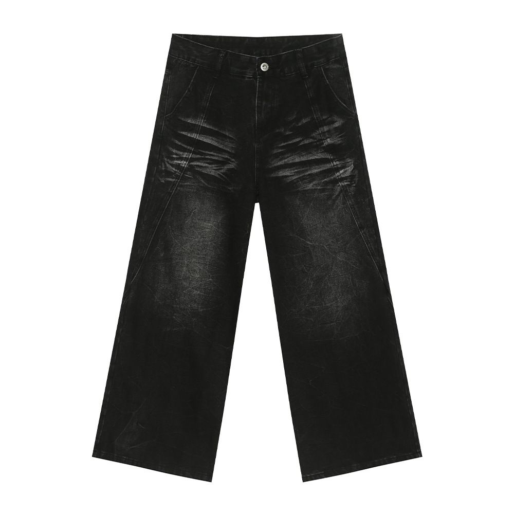 Men's Washed Whisker Wide Leg Jeans - Retro High Street Drape Pants (Black/Blue/Light Wash)_mkmklike.com
