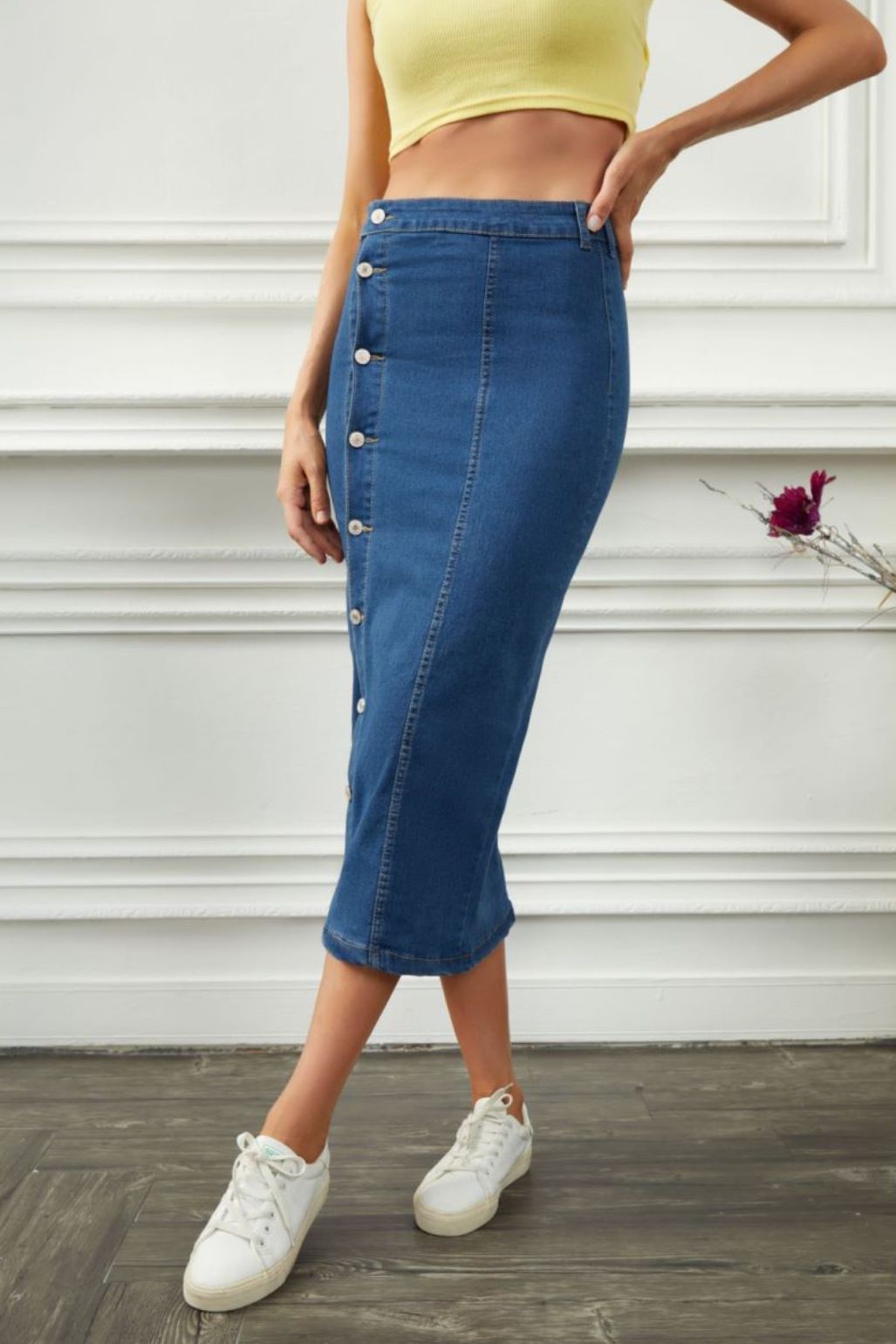 Women's Multi Button Elastic Denim Long Skirt_mkmklike.com