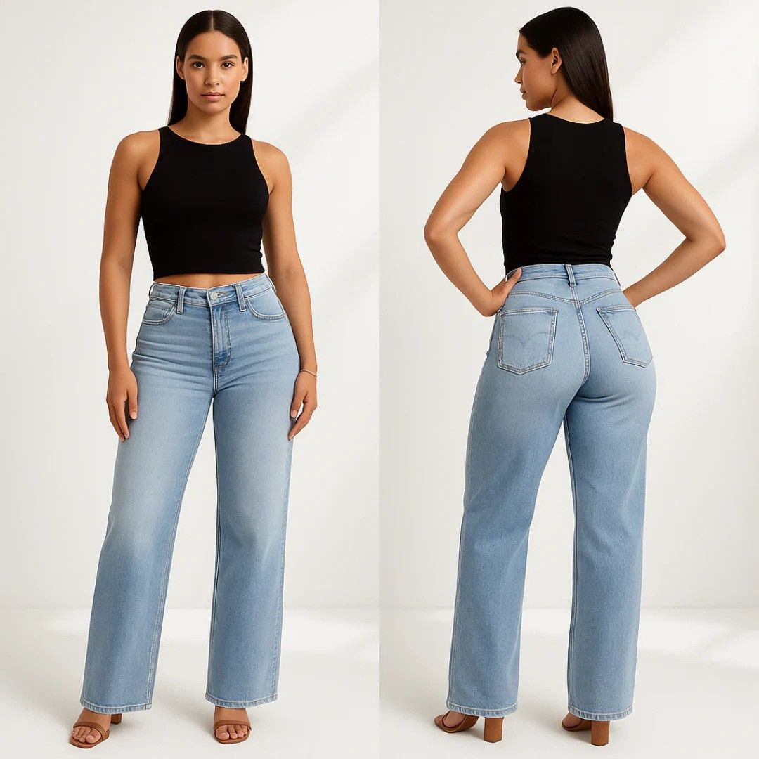Vintage Women's Straight Leg Jeans - Mid-Rise Stretch Denim Pants With Slimming Fit & Butt-Lifting Design, Blue & Light Blue Wash (XS-3XL)_mkmklike.com
