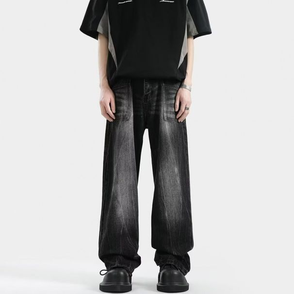 Men's Gradient Flared Jeans Black Gray Straight Leg Trousers Washed Distressed New Spring Autumn Style Sophisticated Cool_mkmklike.com