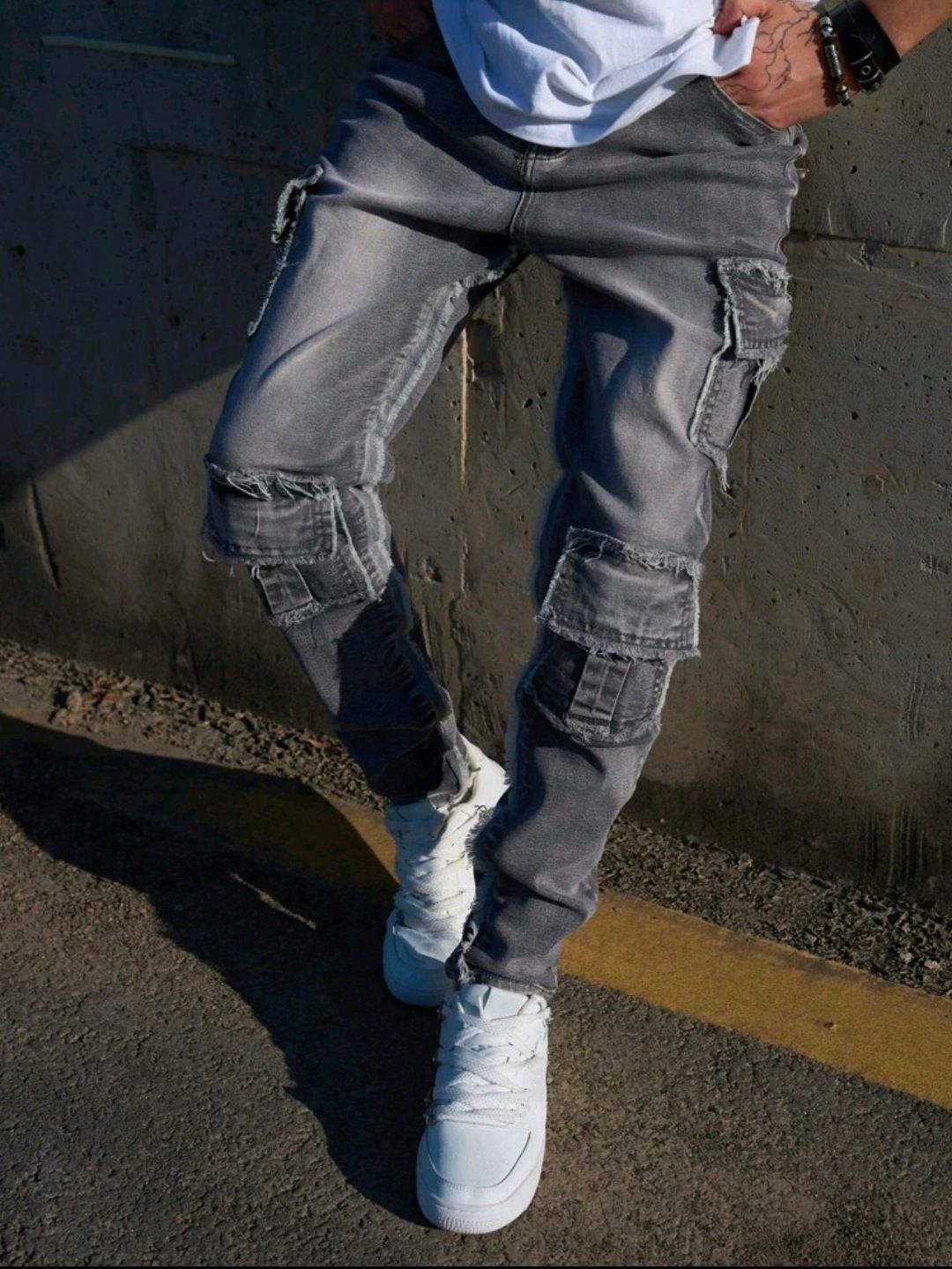 Men's Clothing Men’s Utility Cargo Jeans – Distressed Workwear Pants With Multi-Pockets & Monkey Wash Effect (Grey, Straight-Leg, Streetwear, S-XXL)_mkmklike.com