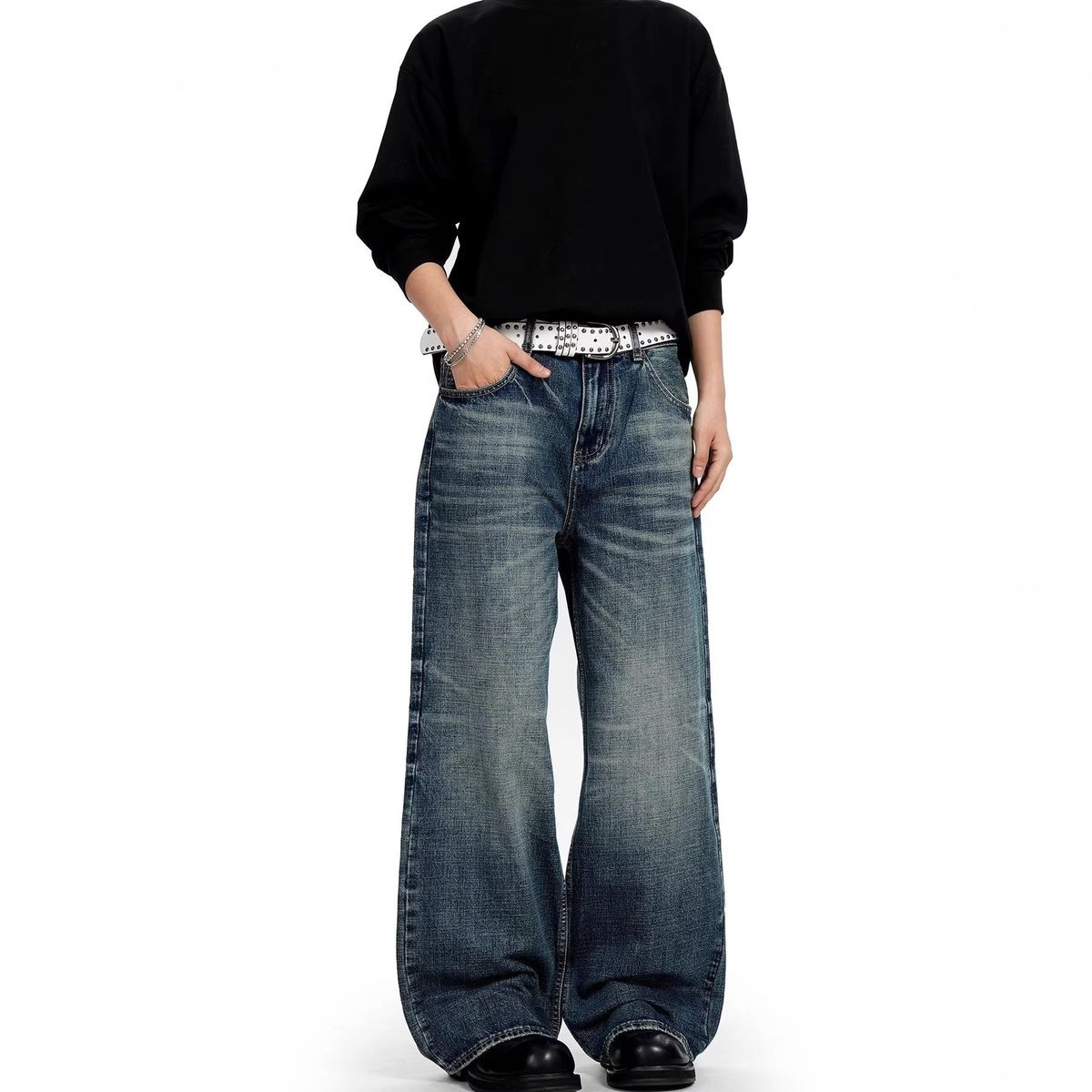 Washed Whiskered Straight Leg Jeans High Street Cleanfit Casual Long Style Unisex Denim_mkmklike.com