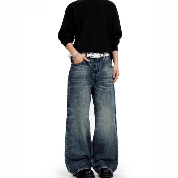 Washed Whiskered Straight Leg Jeans High Street Cleanfit Casual Long Style Unisex Denim_mkmklike.com
