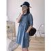 Small Denim Dress With Polo Collar, Button Up Half Front, Work Pocket, Loose Fitting Straight Tube Shirt Skirt_mkmklike.com