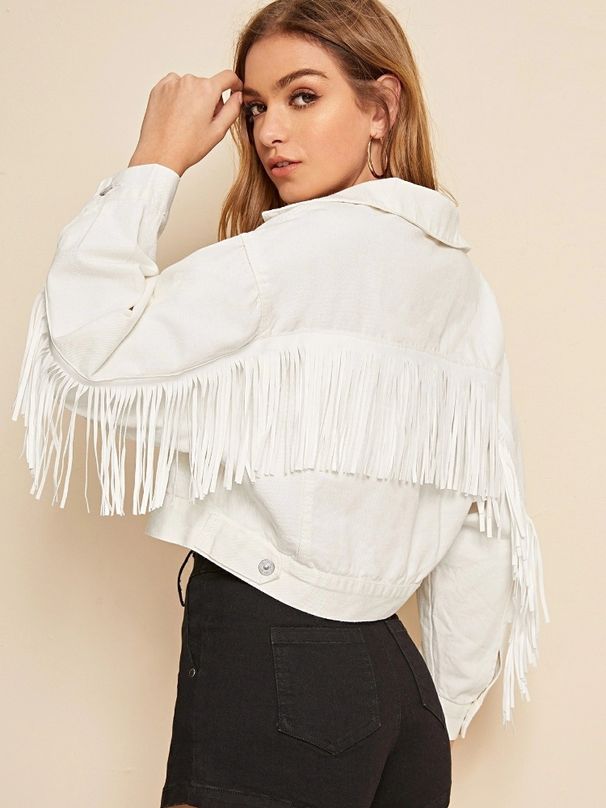 K New Women's Fringed Denim Jacket; White Blazer_mkmklike.com