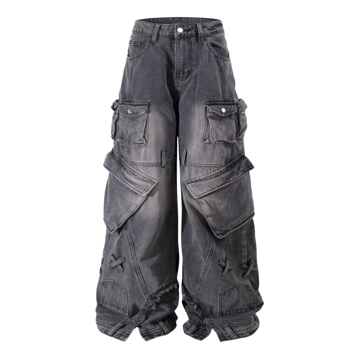 Distressed Washed Denim Pants - Oversized Cargo Jeans With Multi-Pockets For Streetwear & Workwear_mkmklike.com