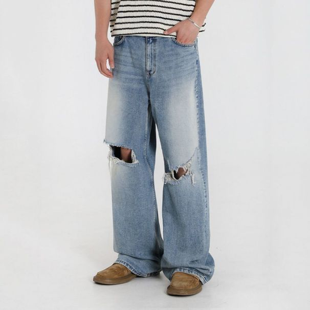 Men's Clothing MYQ Distressed Washed Ripped Jeans Men's Summer Loose Casual Trousers Trendy Straight Mopping Trousers_mkmklike.com