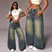 Vintage High Waist Wide Leg Jeans For Women - Retro Loose Fit Denim Pants With Washed Effect, Olive Green Straight Leg Trousers_mkmklike.com