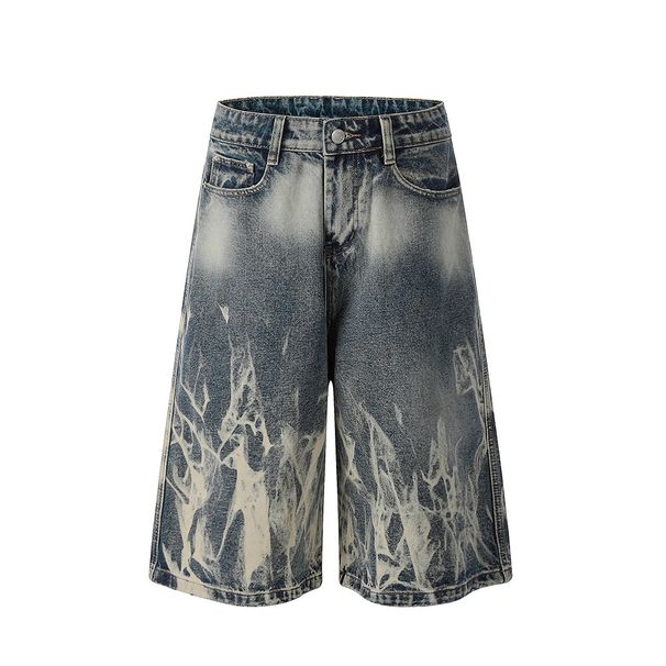 Men's Clothing Trendy Punk Tie Dyed Denim Shorts For Men Vibe Gradient Washed And Worn Wide Leg Loose Straight Shorts_mkmklike.com
