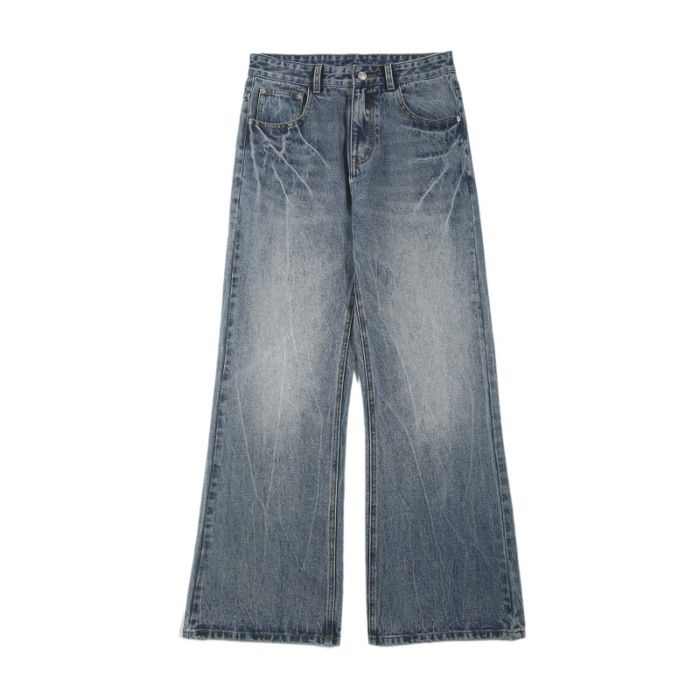 Cleanfit Vintage Washed Jeans – Unisex Straight-Leg Denim Pants With Lightning Crack & Floral Embroidery (Retro Blue)_mkmklike.com