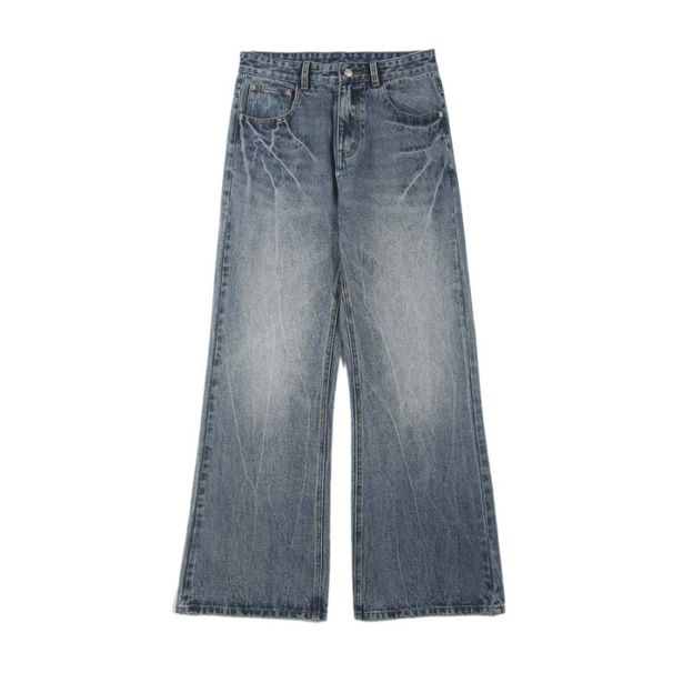 Cleanfit Vintage Washed Jeans – Unisex Straight-Leg Denim Pants With Lightning Crack & Floral Embroidery (Retro Blue)_mkmklike.com