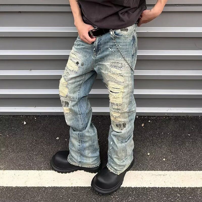 Men's American Retro Distressed Jeans High Street Style Edgy Cool Design Slightly Flared Pants with Patches Splatter Paint_mkmklike.com