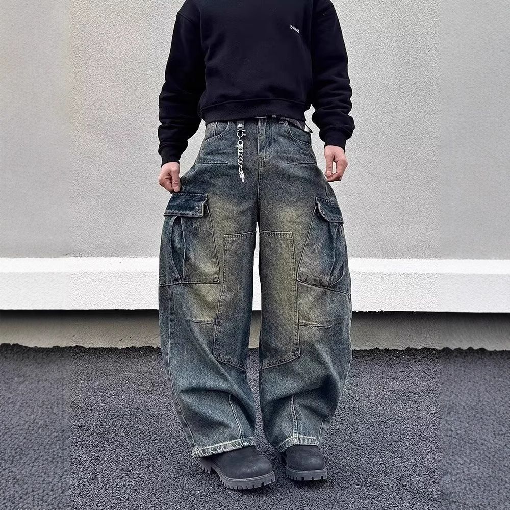 Men's Clothing Fashion Brand Heavyweight Multi Pocket Scimitar Jeans For Men And Women Street Blasting Old Washed Wide Leg Workwear Pants For Couples_mkmklike.com
