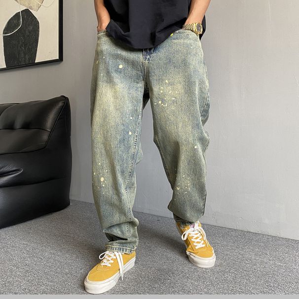Men's Vintage Washed Denim Jeans Relaxed Straight Fit Midweight Cotton With Splatter Effect Blue M-3XL_mkmklike.com