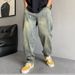 Men's Vintage Washed Denim Jeans Relaxed Straight Fit Midweight Cotton With Splatter Effect Blue M-3XL_mkmklike.com