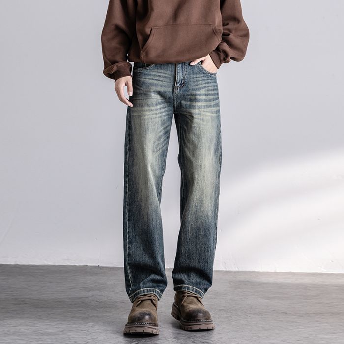 Elastic Autumn New Jeans Men's Fit Straight Loose Trendy Brand American Washed Middle Waist Youth American Retro_mkmklike.com
