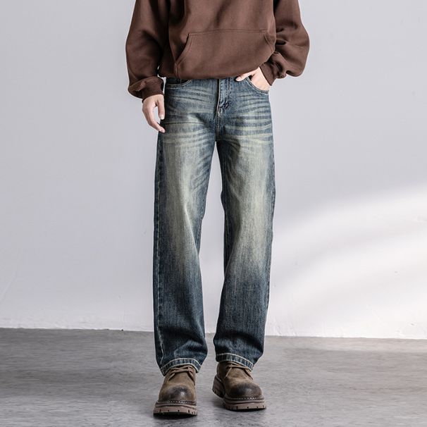 Elastic Autumn New Jeans Men's Fit Straight Loose Trendy Brand American Washed Middle Waist Youth American Retro_mkmklike.com