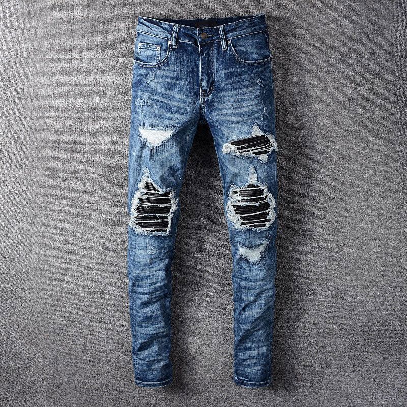 Men's Clothing Fashion High Street New Style Ripped Patch Patch Scratched Trendy Popular Jeans Slim Micro Stretch Pants_mkmklike.com