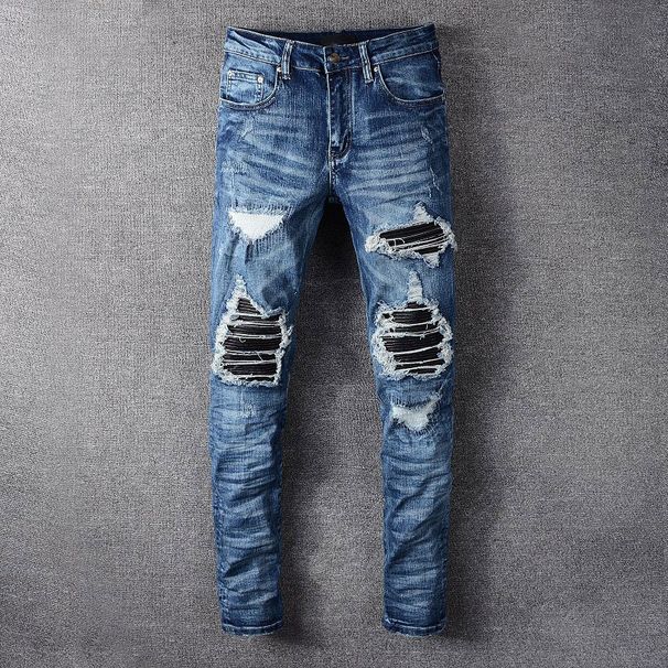 Men's Clothing Fashion High Street New Style Ripped Patch Patch Scratched Trendy Popular Jeans Slim Micro Stretch Pants_mkmklike.com
