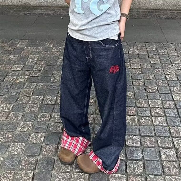 Trendy Brand Niche Grid Splicing Rolled Edge Jeans For Men And Women, Casual Straight Pants, American Style Leg Pants_mkmklike.com