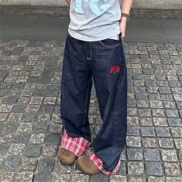 Trendy Brand Niche Grid Splicing Rolled Edge Jeans For Men And Women, Casual Straight Pants, American Style Leg Pants_mkmklike.com