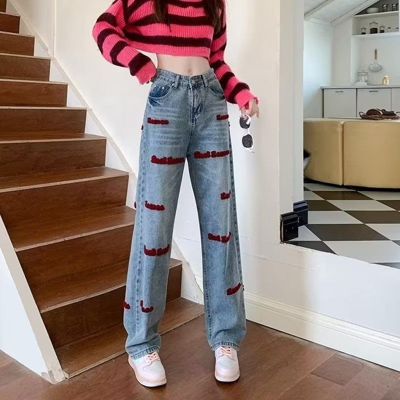 2023 Spring And Autumn New American Style High Street Embroidered Jeans For Women, Loose Wide-Leg Straight High-Waisted_mkmklike.com