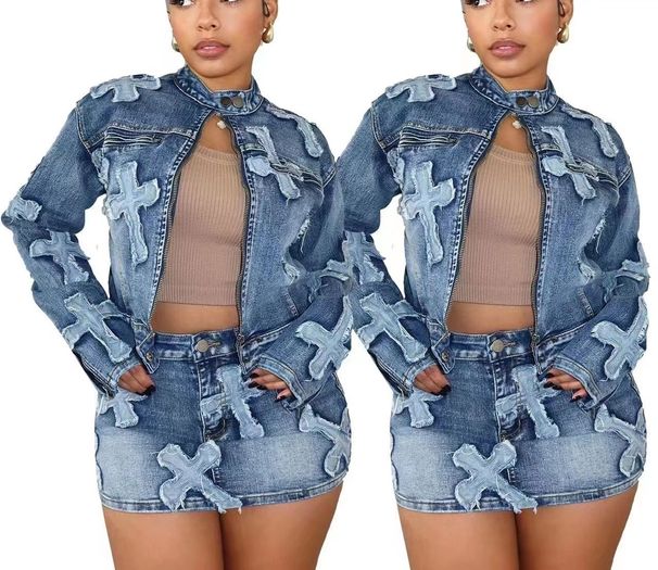 Chicco 2024 European American Women's Autumn Fashion Boutique Denim Jeans Designer Two-piece Skirt And Jacket Set_mkmklike.com