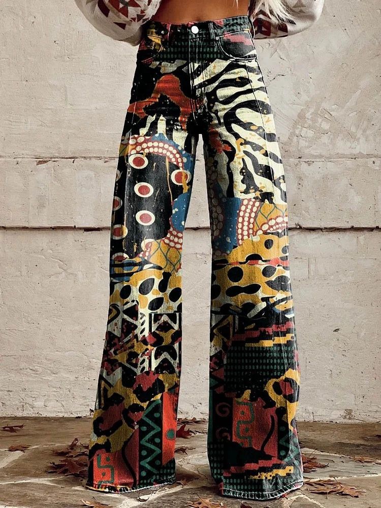 Women's plus Size Faux Denim Wide Leg Pants 3D Printed Casual Flare Pants Popular Style Cross Border Foreign Trade_mkmklike.com