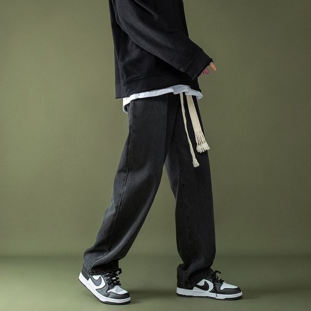 Drawstring Elastic Jeans Men's Retro Loose Casual Straight Trendy Brand Wide-leg Large-size Trousers_mkmklike.com