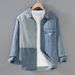 Denim Contrasting Striped Shirt For Men, Casual Loose Fitting Patchwork Fashionable Long Sleeved Shirt_mkmklike.com